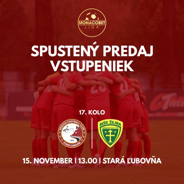 17. kolo MONACObet liga: Stará Ľubovňa Redfox Football Club vs. MŠK Žilina